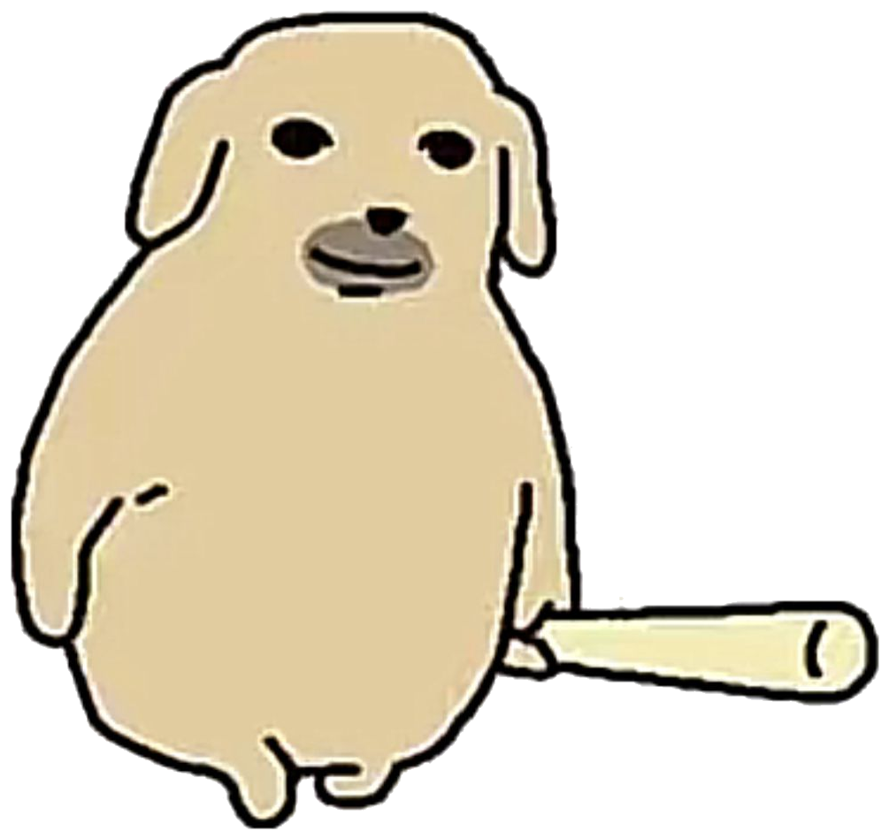 야구 방망이를 든 통통한 베이지색 강아지 누댕이